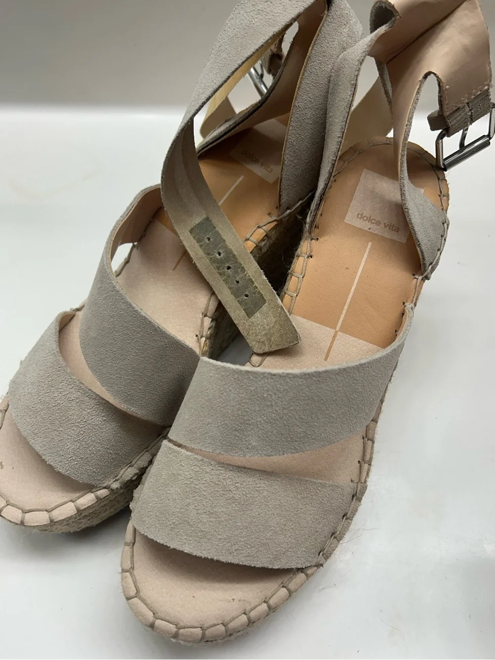 New Dolce Vita Shayla Taupe Suede Espadrille Wedge Sandals with Ankle Strap
